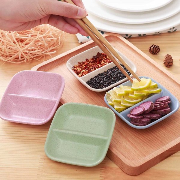 1Pc Home Kitchen Seasoning Tableware Snack Plate Dish Dish Wheat Straw Double Grid Small Dish Vinegar Soy Sauce Dish